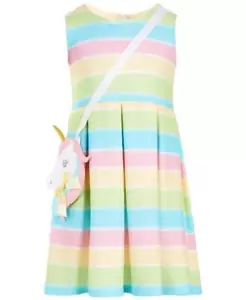 BONNIE JEAN Little Girl's 4 Rainbow Stripe Dress with Unicorn Bag NWT $48 - Picture 1 of 4