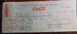 vintage coca cola bottling company  cancelled check dickson tennese 12/3/1920 - Picture 1 of 1