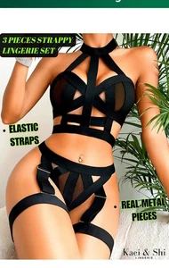 Kaei&Shi Strappy Cutout Lingerie Halter Backless Garter, Outfits Medium Black - Picture 1 of 6