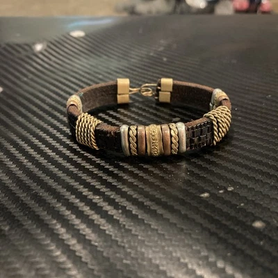 Vintage Artisan Boho Tribal Cuff Bracelet Leather Brass Copper Silver Freeform - Image 1 of 4