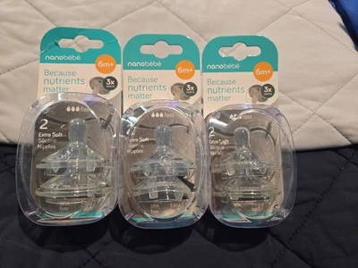 LOT OF 3!! 2-Packs NANOBEBE 6m+ Extra Soft Clear Silicone Nipples Fast Flow NEW! - Image 1 of 4