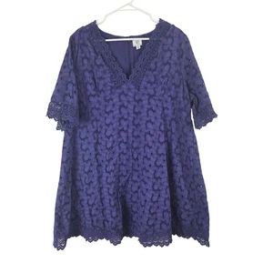 Rue Valentina Mini Eyelet Lace Dress 2X Short Sleeve Deep Purple Blue Cotton  - Picture 1 of 11