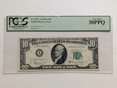 1963 A $10 FRN PCGS Currency VF 30 PPQ ~ FEDERAL RESERVE ~ Fr. 2017-A ~Very Fine - Image 1 of 4