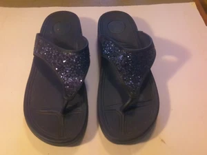 Womens Thong Sandals Blue Glitter Mid Heel Wedge Platform Slip On 10 - Picture 1 of 5