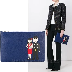 DOLCE & GABBANA BAG FAMILY PATCH BLUE LEATHER CLUTCH ZIPPERED - Picture 1 of 6