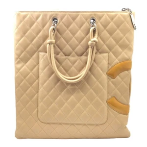 CHANEL Cambon Line CC Logo Tote Handbag Beige Calf Leather Matelasse Quilted - Picture 1 of 15