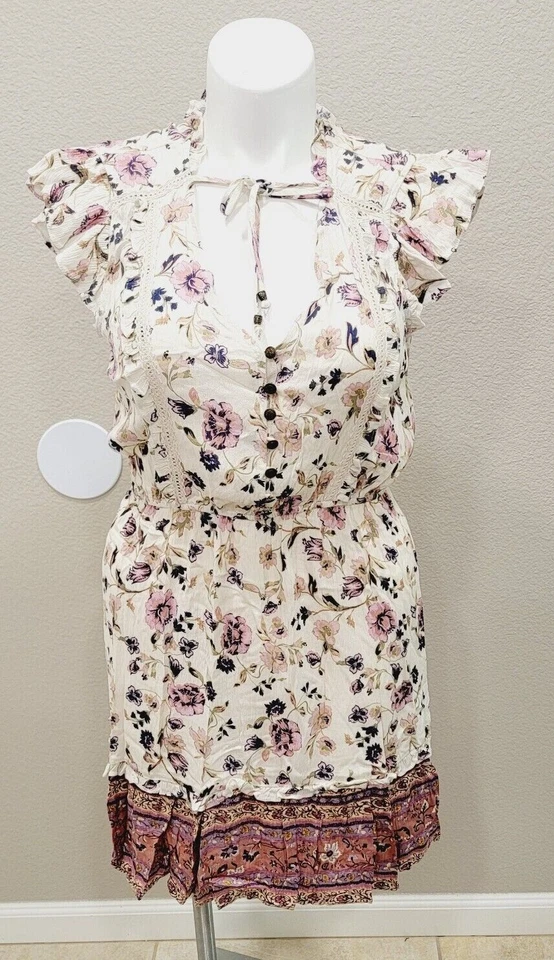 Xhilaration Size Large Dress Cream Floral Ruffle Short Sleeve V Neck Apron Front