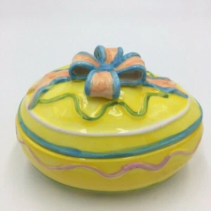Trinket Box Vintage Easter Egg Bow Flowers Ceramic Yellow Pink Blue Green  - Picture 1 of 7