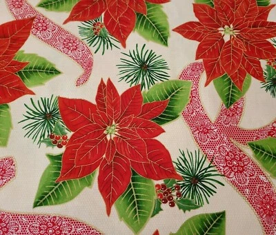 Perfect Poinsettias BTY VIP Premium Large Red Christmas Floral on Ecru - Image 1 of 3