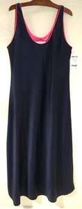 J - NWT $145 Fernando Sanchez Navy Blue Satin & Hot Pink Lounge Robe Nightgown L - Picture 1 of 8