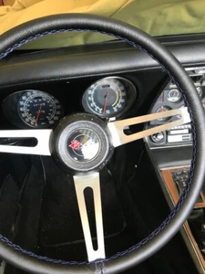 FOR CHEVROLET CORVETTE 75-82 BLACK LEATHER STEERING WHEEL COVER, NAVY BLUE 2 STI - Picture 1 of 2