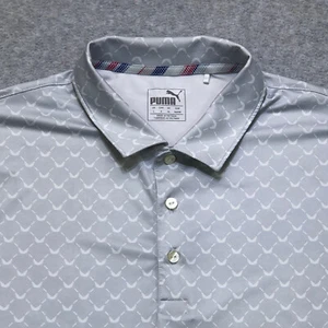 Puma Polo Shirt Men's Large Silver Geometric All Over Print Golf Volition Patch - Picture 1 of 13