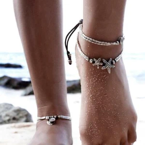 Shiny Sliver & Black Double Strand Anklet w Starfish or Om Medallion - Picture 1 of 12