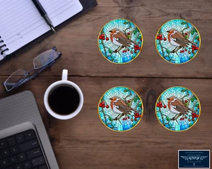 ROBIN WINTER SCENE STAINED GLASS BIRD INSPIRED ART CUSTOM HOUSE COASTER SET OF 4 - Picture 1 of 2
