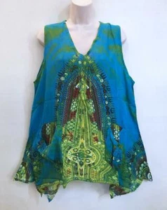 Plus Hippie Bohemian Gypsy Reggae Festival Tie Dye Dashiki Pixie Hem Top Teal - Picture 1 of 2