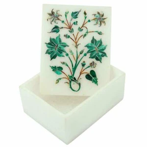 Marble Jewelry Box Semi Precious Stone Malachite Pietra Dura Handmade Home Decor - Picture 1 of 1