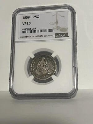 1859 S 25C NGC VF 20 Seated Liberty Silver Quarter, RARE Date, Original Coin - Image 1 of 2