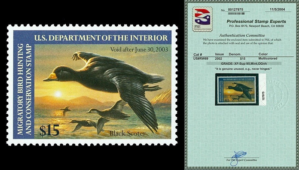 Scott RW69 2002 $15.00 Duck Stamp Mint Graded XF-Sup 95 NH with PSE CERT - Image 1 of 1