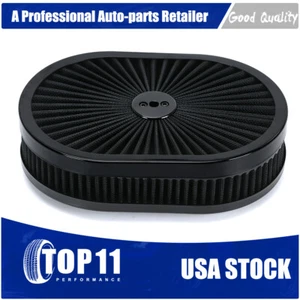 12" x2" Black Oval Air Cleaner Top High Flow Washable Cover FOR Chevy Ford SBC - Picture 1 of 13