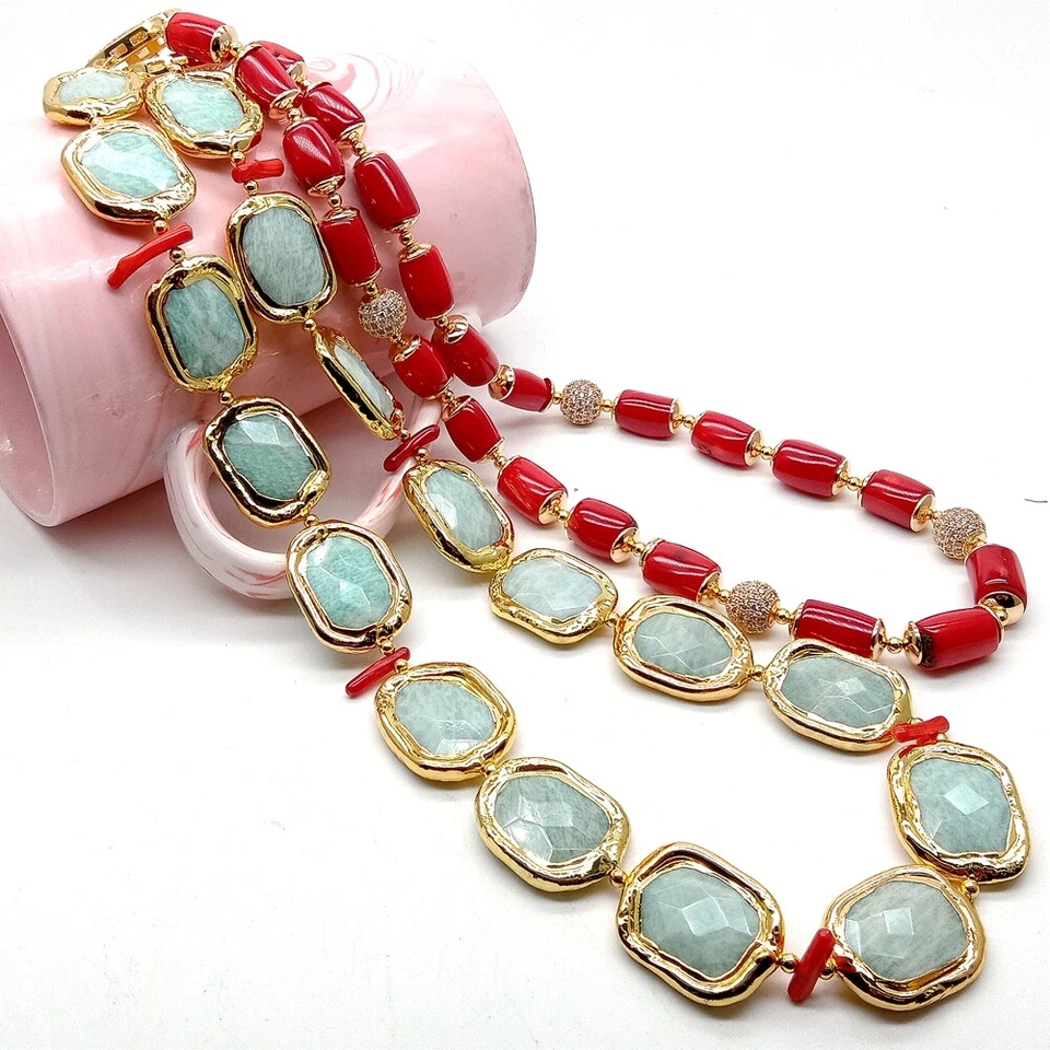 Collar 21" 2 Hilos Rojo Coral Verde Amazonita Cierre de Pavé de Circonitas Cúbicas Foto 1 de 4