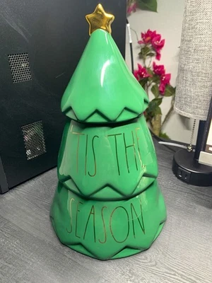 Rae Dunn Christmas Tree Cookie Jar “Tis The Season” Green With Gold Star - Image 1 of 4