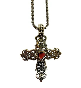 BRIGHTON Silver Cross Garnet Heart Pendant Necklace Endless Love Retired 19" - Picture 1 of 10