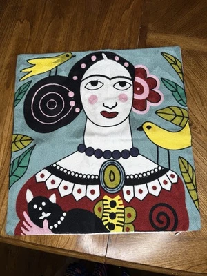 Frida Kahlo NWOT EMBROIDERED STRIKING THROW PILLOW COVER SQUARE MEXICAN FOLK E - Image 1 of 4