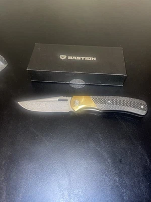 Bastion Gear Baron Folder San Mai Damascus Blade Brass Bolsters Carbon Fiber - Image 1 of 4