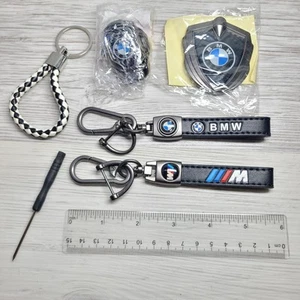 BMW Black Faux Leather Keychain Lot 2 Metal Key Chain Key And Push Start Emblem - Picture 1 of 9