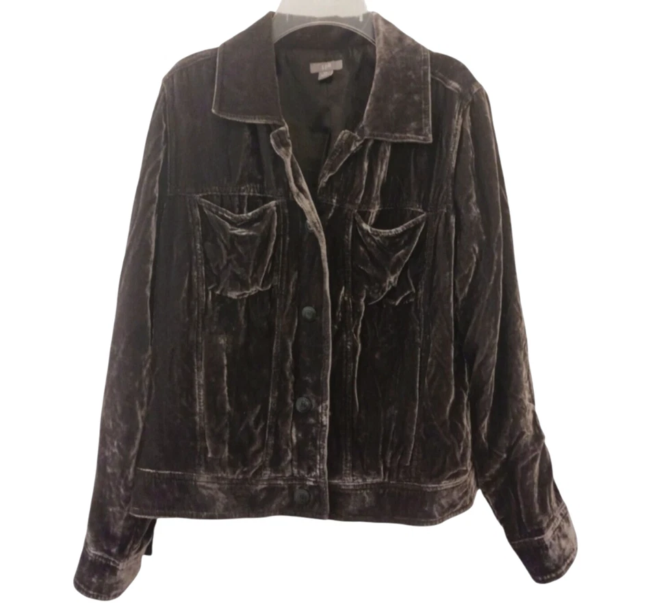 J. JILL Dark Brown Crushed Velvet Jacket SILK BLEND Button-Up Pockets SIZE S - Image 1 of 4
