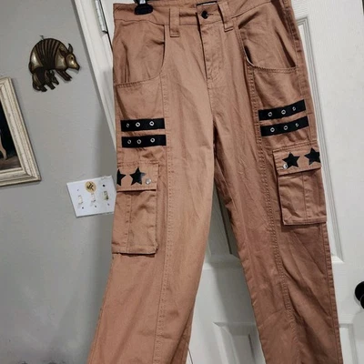 Hot Topic Khaki Cargo Pants Size 5 Stars Utility Pants Grunge Punk Rave Gromets - Image 1 of 4