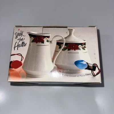 Tienshan Fine China, "Deck the Halls" Sugar & Creamer Set Retired complete w box - Image 1 of 3