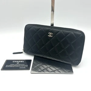 CHANEL Lange Geldbörse Leder Schwarz Silber Original Aus Japan 0295 - Bild 1 von 23