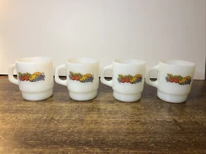 Vtg Fire King Set of 4 Fruit Milk Glass Mugs Anchor Hocking Natures Bounty MCM - Picture 1 of 8