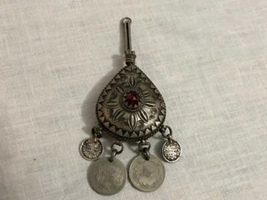 ANTIQUE ISLAMIC LUCKY CHARM NECKLACE PENDANT AMULLET TEAR SHAPE WITH RED STONE - Picture 1 of 10