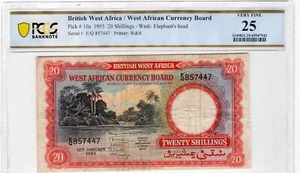 British West Africa 1955 20 Shillings PCGS Certified Banknote VF 25 Pick 10a - Picture 1 of 2
