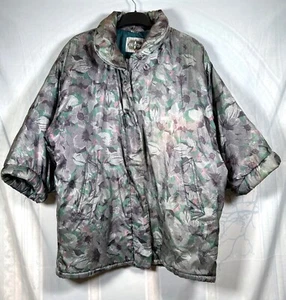 Vintage BHS 1980S grey & pink floral satin padded batwing-sleeve jacket, 14-16 - Picture 1 of 7