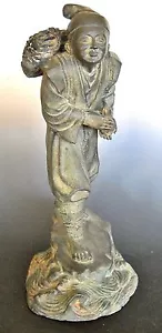 Mercante di legna da ardere bronzo giapponese altezza 17" trasporto acqua zucca e bastone di fuoco - Foto 1 di 8