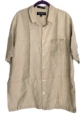 100% Linen Shirt Short Sleeve XL Camp Shirt Beige Tan Chest 52" Made In Bulgaria - Image 1 of 4