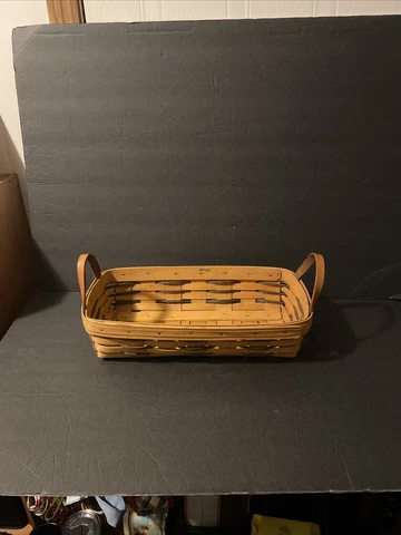 Longaberger Bread Basket 1997 Black Weaving 14x7.5x3.5 Leather Handles VTG Cover