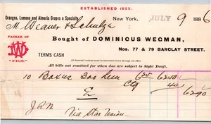 1886 ANTIQUE LETTER HEAD DOMINICUS WECMAN NEW YORK BARCLAY ST 2 - Picture 1 of 2