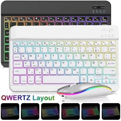 Beleuchtet Tastatur Funk Maus Kabellos Keyboard Bluetooth Tablet Layout Deutsch - Bild 1 von 4