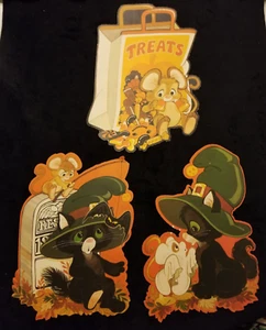 Vintage set of 3 Hallmark Die Cut Halloween Decorations Witchy Cats and Mice 10" - Picture 1 of 7