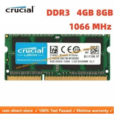 CRUCIAL DDR3 4GB 8GB 1066 MHz PC3-8500 Laptop SODIMM 204-Pin Memory RAM 8G 4G - Image 1 of 4