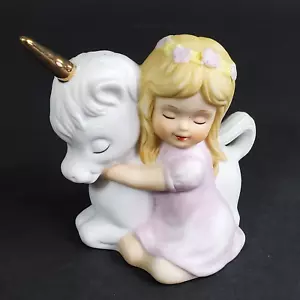 Vtg 1982 Enesco Girl Hugging Unicorn with Gold Horn Bisque Porcelain Taiwan - Picture 1 of 12