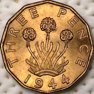 British 1944 Three Pence Coin - King George VI - From WWII - Picture 1 of 2
