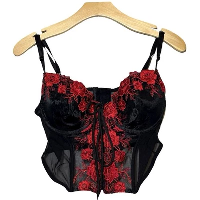 VTG Secret Treasures 38B Black Corset Top Red Rose Embroidery Fishnet Mesh Blk - Image 1 of 4