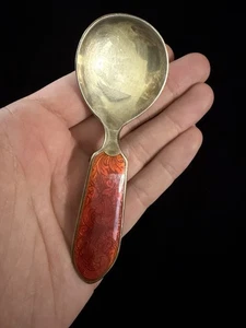 Vintage Sterling Silver 925 Norwegian Guilloché Red Enamel Baby Spoon Norway - Picture 1 of 5