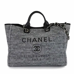 CHANEL Deauville GM Tote Chain Shoulder Bag Tweed Gray Black A66941 90301423 - Picture 1 of 10