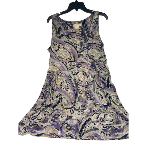 Abito smanicato grande Michael Kors stampa paisley viola grigio cuciture in vita